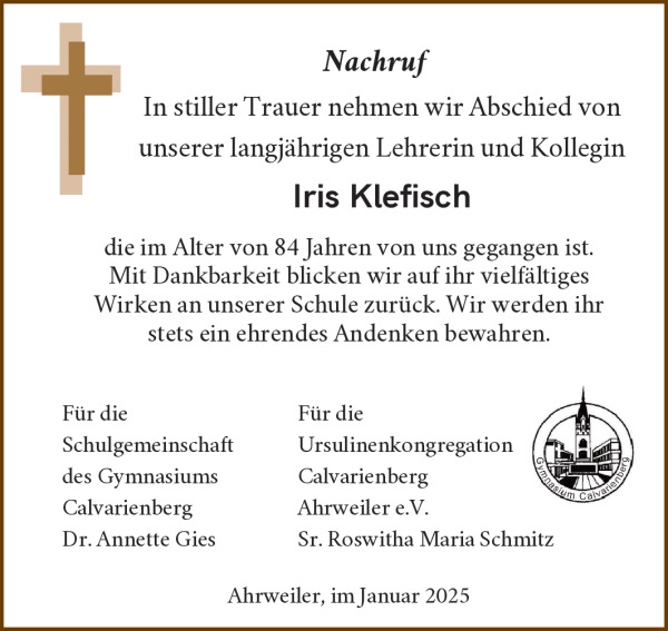 Nachruf Iris Klefisch - Gymnasium Calvarienberg