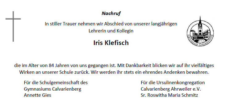 Nachruf Iris Klefisch - Gymnasium Calvarienberg